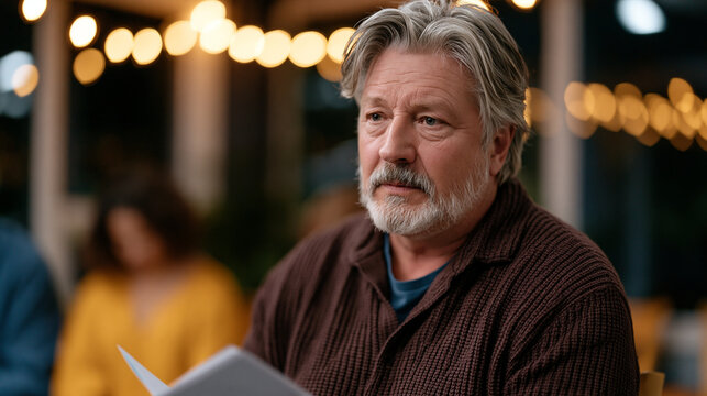 A widower sits at the edge of a grief group circle, holding a folded photograph rather than opening it, community center fluorescent buzz softened by a string of caf&eacute; lights overhead, perfect for gr