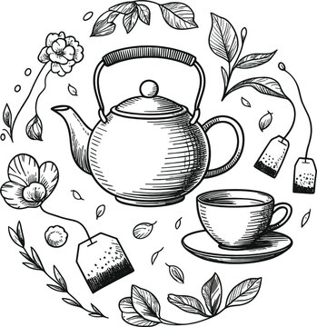 Hand Drawn Vintage Tea Time Graphic Element Set with Teapot Cup Teabags Flowers and Mint Leaves Arranged in Circle Vector Illustration