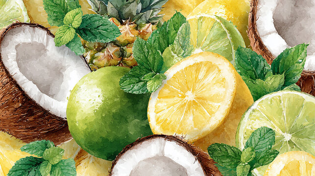 Watercolor illustration of tropical drink ingredients in full frame composition, dense overlapping coconut, pineapple, lime and mint with vibrant refreshing summer tones.
