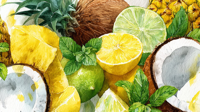 Watercolor illustration of tropical drink ingredients in full frame composition, dense overlapping coconut, pineapple, lime and mint with vibrant refreshing summer tones.