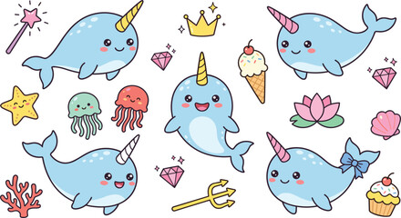 Cute Narwhal Vector Character Set in Kawaii Style with Magical Ocean Elements for Kids Birthday Greeting Cards and Fabric Pattern Graphic Designs © MdSaddam