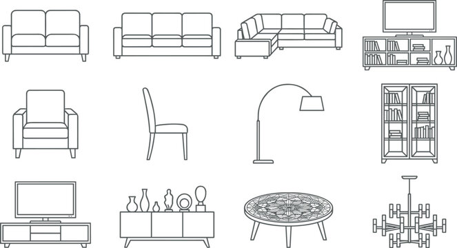 Living Room Furniture Line Icon Set Featuring Sofas, Armchair, TV Stand, Coffee Table, Bookshelf, Floor Lamp, and Chandelier for Interior Design and Home Decor Layouts