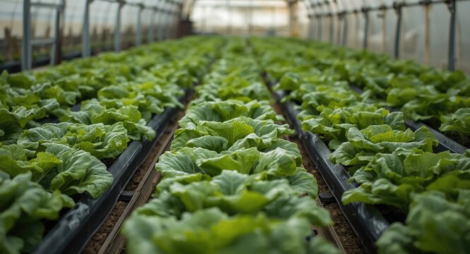 A greenhouse gardening backdrop with fresh green lettuce plants