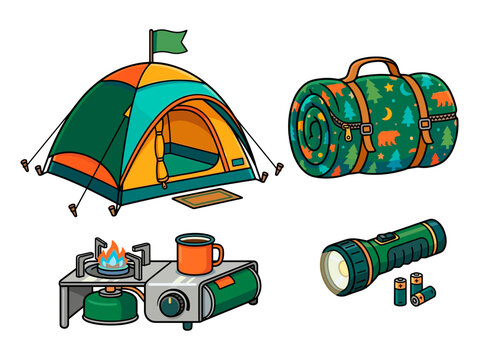 vector Camping gear including tent sleeping bag stove flashlight and batteries for outdoor adventure
