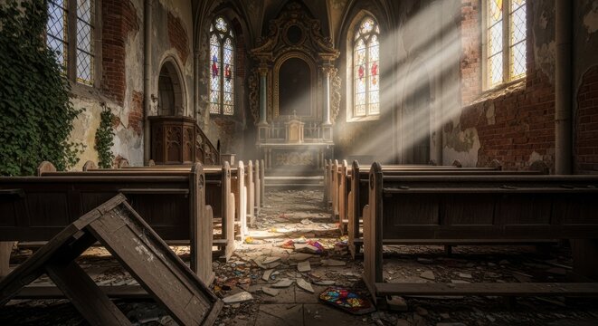 Sunbeams illuminate the decaying interior of an abandoned gothic chapel with worn pews and broken stained glass windows.