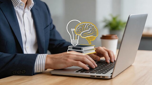 Business professional typing on laptop keyboard with floating icons of brain, light bulb, and books, symbolizing e-learning, online education, knowledge acquisition, creative