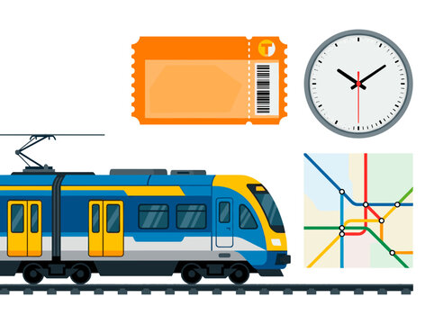 vector Modern Electric Train with Ticket Clock and Subway Map Illustration