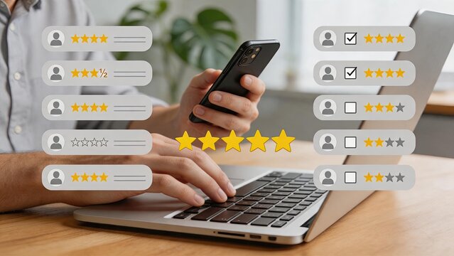 Customer satisfaction analysis and data visualization, person typing on laptop while holding phone, surrounded by floating review ratings and checkmarks, illustrating feedback