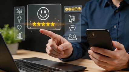 Fototapeta premium Customer satisfaction rating review, five stars feedback on digital interface, user experience concept, mobile app survey, service quality assessment, positive emotion icon,