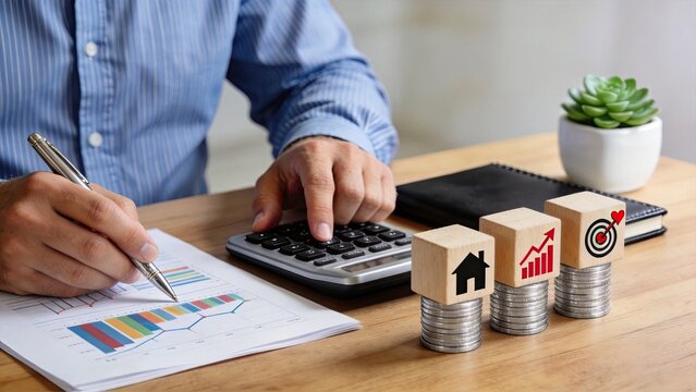 Businessman calculating finances with pen and calculator near charts and coin stacks with icons, illustrating budget planning, asset management, real estate investment, profit