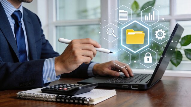 Businessman managing digital files, data security, and cloud storage on laptop with holographic icons, office concept for document organization and technology workflow