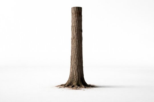 Solitary tree trunk standing firm on an empty white surface