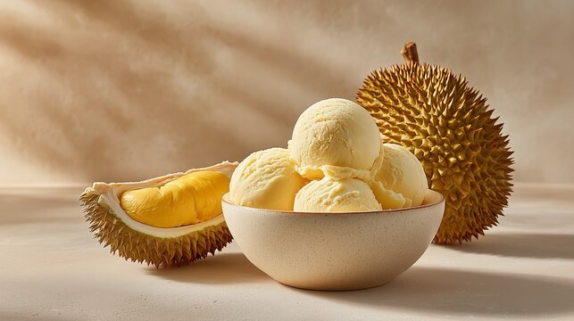 Premium Monthong durian ice cream with creamy texture in elegant ceramic bowl and fresh durian beside