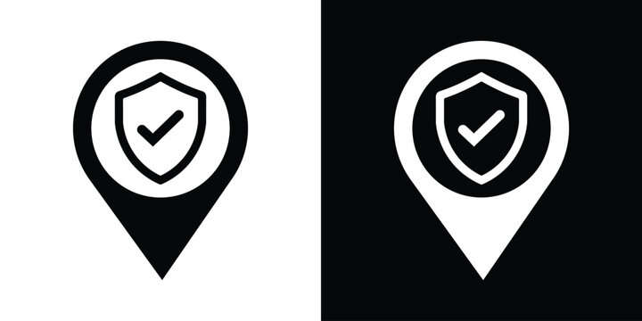 Verified secure map pin icon. Black and white vector pointers featuring a shield and checkmark symbol for safe location, trusted destination, security checkpoint, and verified address.