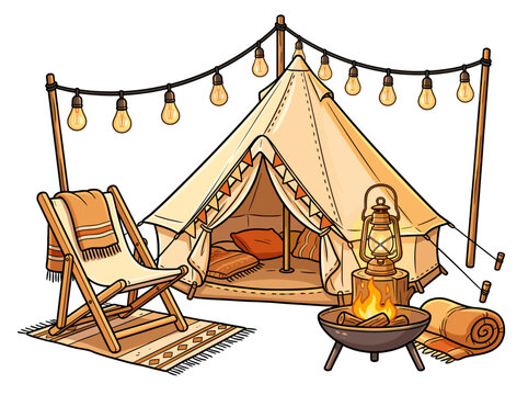 vector Cozy Glamping Tent with Campfire and String Lights for Outdoor Adventure
