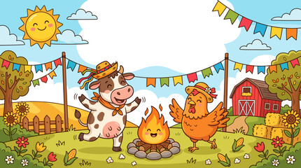 Fototapeta premium vector Cute cartoon cow and chicken dancing around a campfire at a sunny farm festival