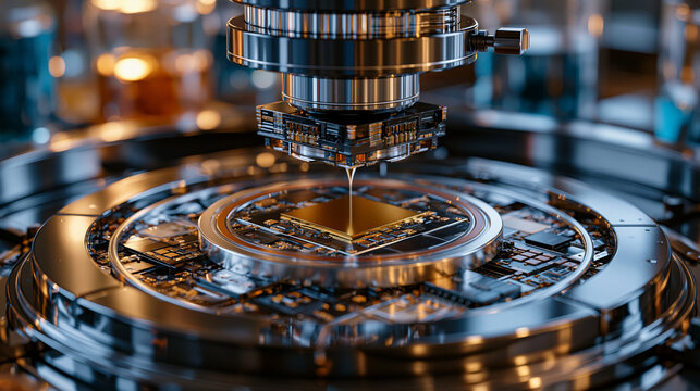 Nanotechnology atomic force microscope detail, cantilever probe tip captured in extreme closeup above gold substrate surface, lab reflected in curved metallic housing behind, perfect for precision i