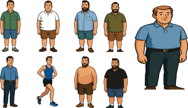 Overweight and Plus Size Men Character Vector Set with Chubby and Athletic Male Figures in Casual Clothes and Sportswear for Health Illustrations