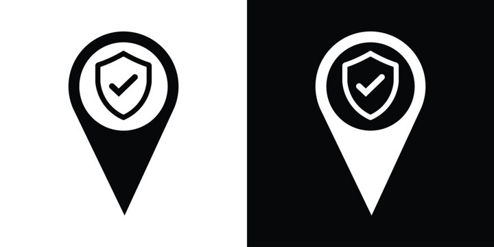 Verified secure map pin icon. Black and white vector pointers featuring a shield and checkmark symbol for safe location, trusted destination, security checkpoint, and verified address.
