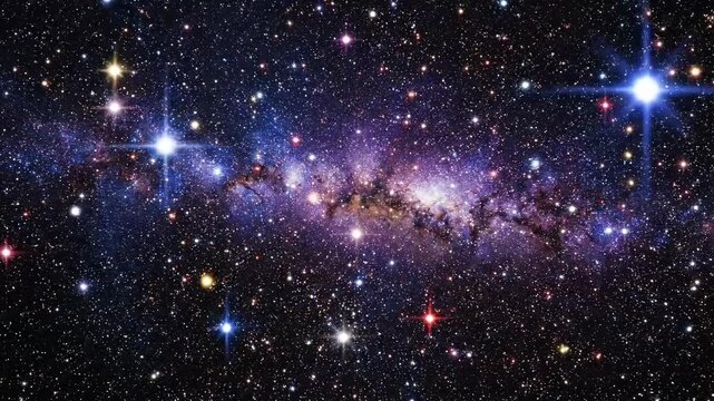 Glowing stars and vibrant cosmic dust clouds drift slowly through the deep dark expanse of outer space creating a cinematic and mesmerizing animated sequence of the vast infinite glowing galaxy