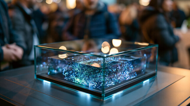 Nanotechnology conference display, illuminated glass case containing carbon nanotube mesh sample the size of a postage stamp, visitors' blurred reflections surrounding case in crowded public hall, i