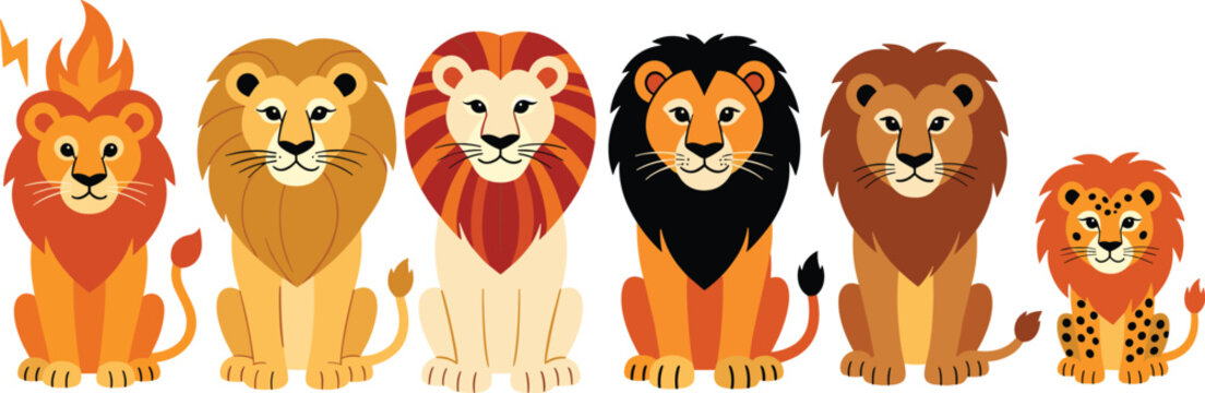 Cute Lion and Wild Cat Vector Character Set with Different Mane Styles, Fire Lion, and Spotted Leopard Sitting for Kids Wildlife Illustration Designs