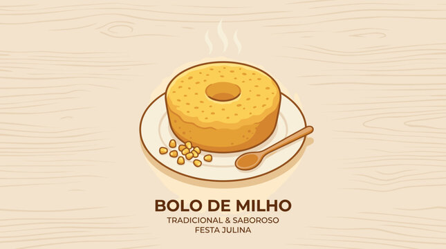 vector Bolo de Milho a traditional and delicious corn cake served on a plate with corn kernels and a spoon