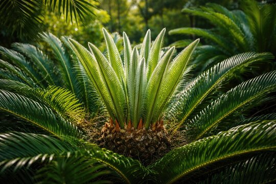 New Cycas edentata growth thriving among tropical sago palm greenery