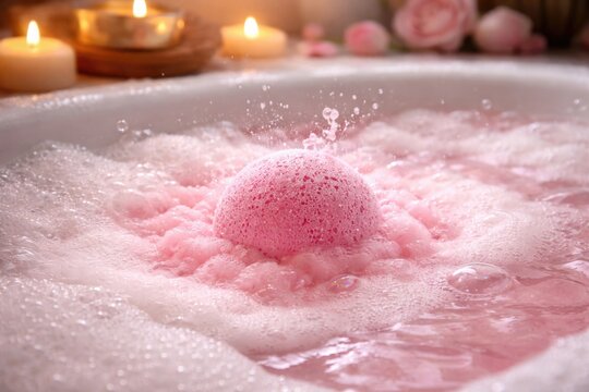 pink bath bomb effervescing with thick frothy bubbles in bath water