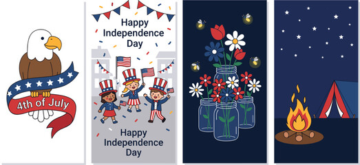 Fototapeta premium 4th of July, Independence Day, patriotic icons, American flag illustrations, vector set