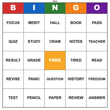 Bingo game card for students focusing on study and review activities  
