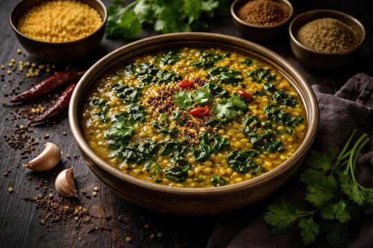 Traditional moong dal palak with cumin coriander spices presented on black wood table copy space