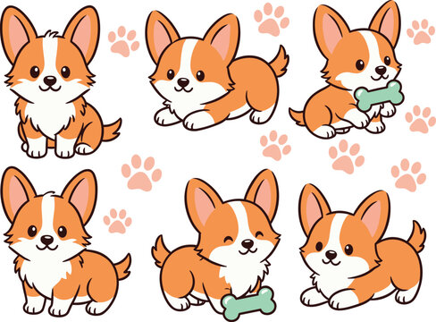 Cute Corgi Puppy Vector Character Set with Adorable Cartoon Dogs Sitting, Lying Down, Holding Bones, and Paw Print Elements for Stickers and Patterns
