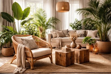 Fototapeta premium Stylish living room design highlighting tropical plants, rattan armchair, and decorative wooden cubes