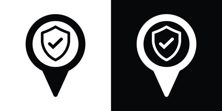 Verified secure map pin icon. Black and white vector pointers featuring a shield and checkmark symbol for safe location, trusted destination, security checkpoint, and verified address.