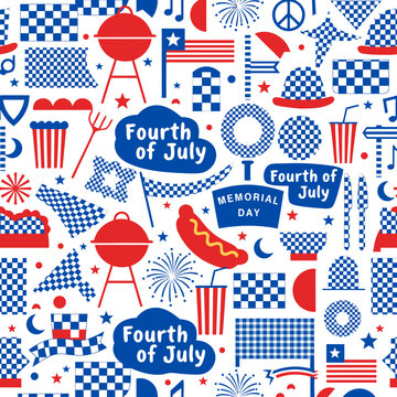 Patriotic icons, Fourth of July symbols, American flags, summer BBQ elements, red white blue graphics