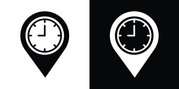 Vector map pin icon with clock face symbol. Black and white versions representing location time, opening hours, schedule tracking, and delivery ETA. Flat minimalist design isolated.