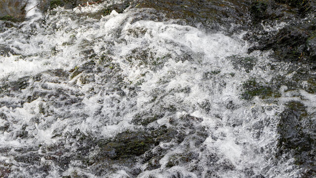 A turbulent stream of water surging over a dark, rocky bed. A mountain stream with splashes and foam
