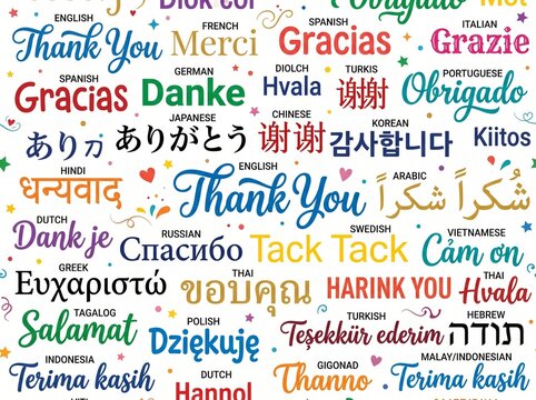 International thank you word concept. Colorful text collection of gratitude expressions in multiple languages isolated on white.