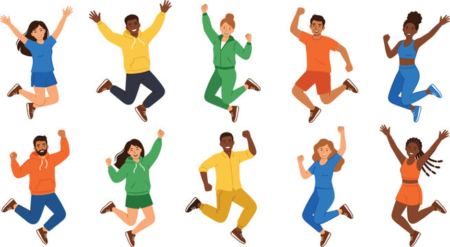 Happy Jumping People Vector Character Set of Diverse Multicultural Youth Celebrating Success for Community Happiness and Active Lifestyle Graphic Designs