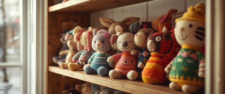 Cheerful handmade knitted toys exhibited in a gift shop close up shot