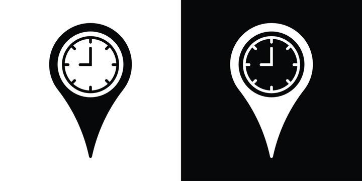 Vector map pin icon with clock face symbol. Black and white versions representing location time, opening hours, schedule tracking, and delivery ETA. Flat minimalist design isolated.
