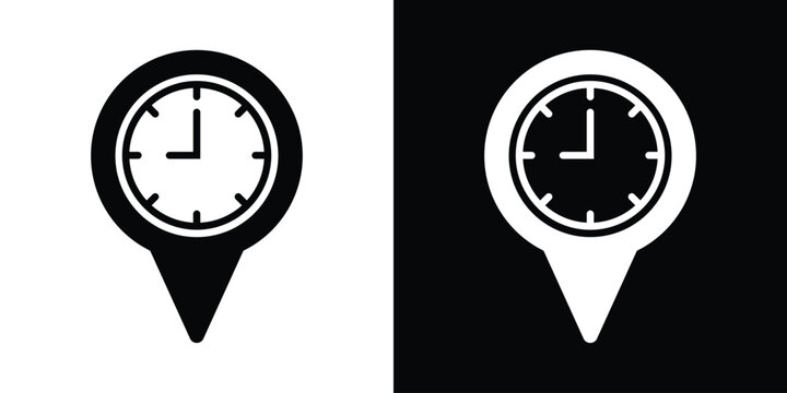 Vector map pin icon with clock face symbol. Black and white versions representing location time, opening hours, schedule tracking, and delivery ETA. Flat minimalist design isolated.