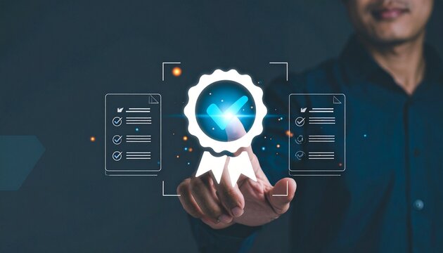 Person Pointing at Glowing Quality Assurance Badge and Checklist Interface