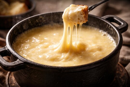 Close up of creamy cheese fondue in rustic pot with delicate cheese strings on muted backdrop