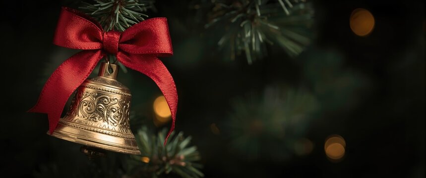 Vintage Christmas Bell Decorated with Red Silk Bow Spruce Branch Close-Up, Soft Focus, Festive Mood