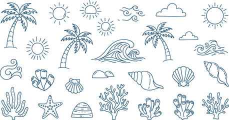 Minimalist Summer Beach Line Art Icon Set with Simple Ocean Waves, Sun Symbols, Palm Trees, Sea Shells, and Deep Sea Coral Reef Outlines © Sohel