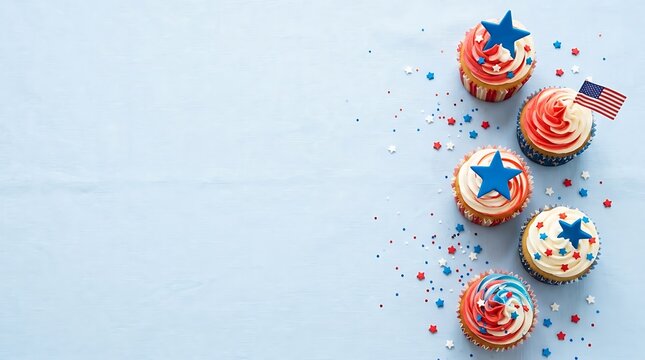 Patriotic 4th of July cupcakes with red white and blue frosting, American flag themed desserts on light blue background, festive Independence Day treats