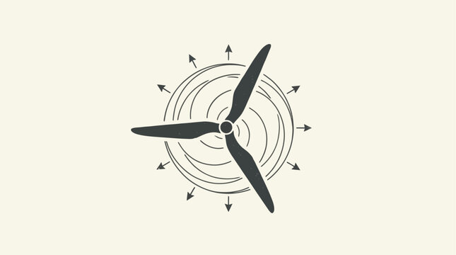 Wind turbine with swirling air currents and arrows indicating direction of rotation and power generation