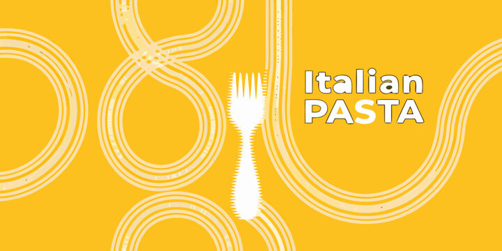 Italian pasta graphic with fork and noodle shapes yellow background